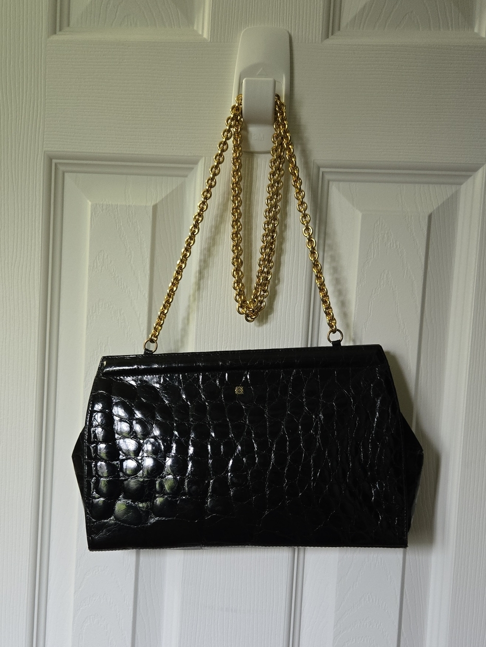Loewe Vintage Loewe Black Croc-Embossed Chain Shoulder Bag